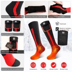 Thermal heated socks with reinforced heel, thickening lining loop, and vertical weave, designed for comfort, durability, and heat retention. Machine washable and skin-friendly for outdoor and winter activities.