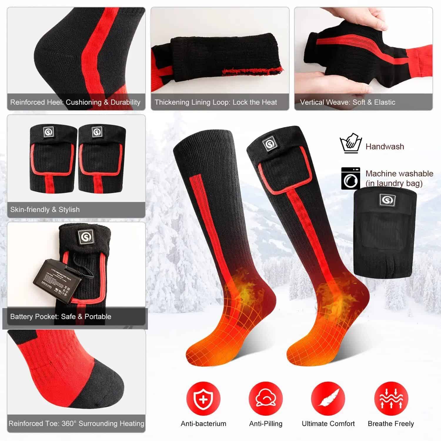 Thermal heated socks with reinforced heel, thickening lining loop, and vertical weave, designed for comfort, durability, and heat retention. Machine washable and skin-friendly for outdoor and winter activities.