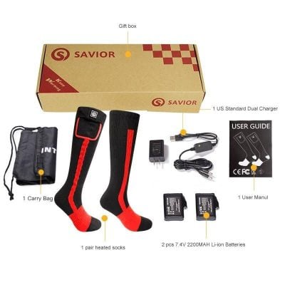 High-quality heated socks with batteries, charger, user manual, and carry bag for cold weather comfort. Perfect for outdoor activities and medical use.