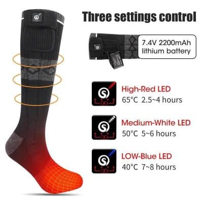 Heated sock with rechargeable lithium battery, LED temperature control, various LED light modes for customizable comfort, perfect for cold weather and outdoor activities.