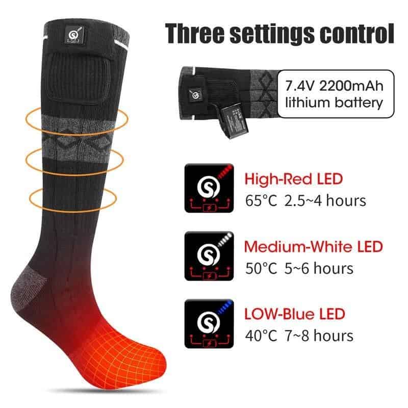 Heated sock with rechargeable lithium battery, LED temperature control, various LED light modes for customizable comfort, perfect for cold weather and outdoor activities.