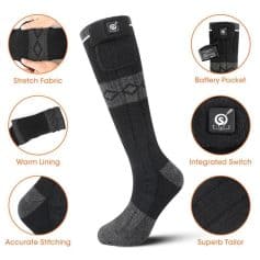 High-quality heated sock with battery pocket, integrated switch, and stretch fabric for warmth and comfort. Perfect for cold weather, outdoor activities, and medical needs.