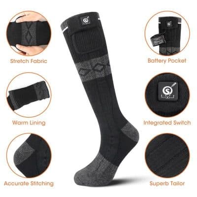 High-quality heated sock with battery pocket, integrated switch, and stretch fabric for warmth and comfort. Perfect for cold weather, outdoor activities, and medical needs.