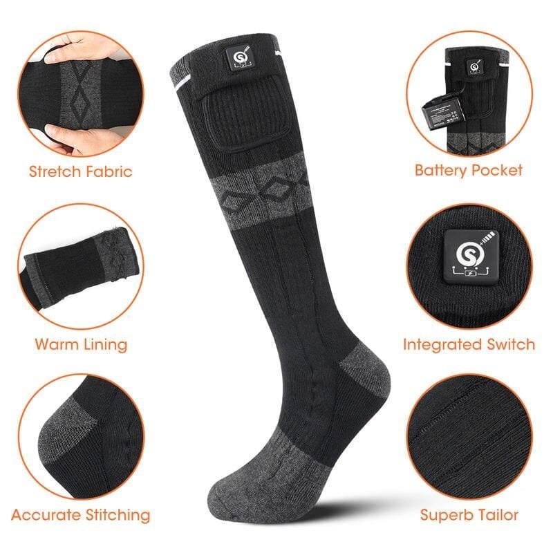 High-quality heated sock with battery pocket, integrated switch, and stretch fabric for warmth and comfort. Perfect for cold weather, outdoor activities, and medical needs.