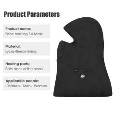 Heated ski mask with Lycra and fleece lining for warmth, designed for children, men, and women, featuring heating on both sides of the head, ideal for winter outdoor activities.