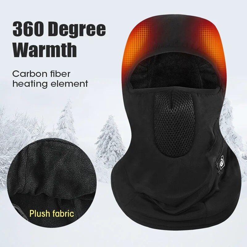 Heated winter face mask with carbon fiber heating elements, plush fabric for comfort, perfect for cold weather. Ideal for outdoor winter activities and outdoor sports.