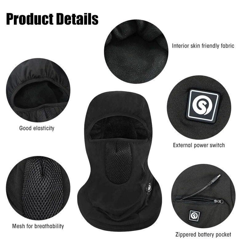 Comfortable black balaclava with breathable mesh and skin-friendly fabric, featuring an external power switch and zipped battery pocket, ideal for outdoor sports and activities.