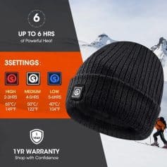 High-performance insulated winter hat for cold weather, perfect for outdoor activities and skiing, offering multiple heat settings and up to 6 hours of warmth in extreme temperatures.