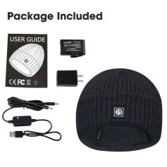 Heated beanie with power bank, charger, USB cable, and user guide for cold weather warmth. Perfect for outdoor activities, winter sports, or daily use to stay warm and comfortable.