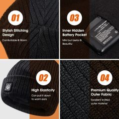 Stylish winter beanie with cozy stitching, hidden battery pocket for convenience, high elasticity for a perfect fit, and premium quality outer fabric for warmth and durability.