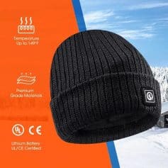 Soft, thermal beanie made from premium materials, perfect for winter outdoor activities, with UL/CE certified battery for safe warmth up to 149°F.