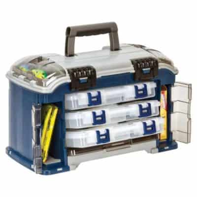 Portable tackle box with clear drawers and compartments, ideal for fishing gear organization and storage.