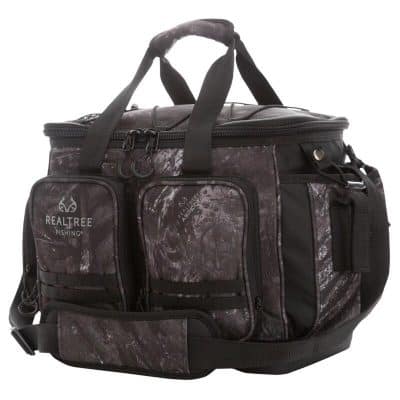 Durable black fishing and outdoor gear bag for travel and storage.
