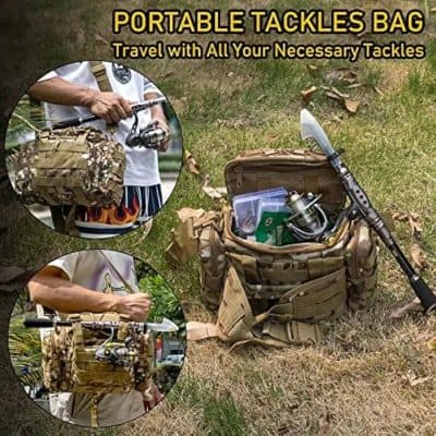 Durable camouflage portable tackle bag with fishing gear and accessories, ideal for travel and outdoor activities.
