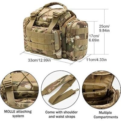 Durable camouflage military-style backpack with MOLLE system, shoulder, and waist straps, multiple compartments for outdoor, hunting, and tactical use.