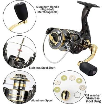 High-quality fishing reel with aluminum handle, stainless steel shaft, aluminum spool, and oil washer for smooth operation and durability. Perfect for anglers seeking reliable equipment.