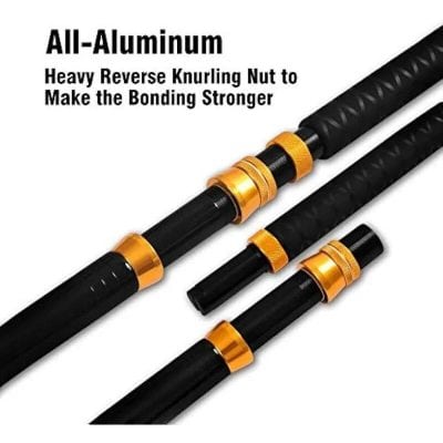 High-quality, durable aluminum fishing rods with custom black and gold design, perfect for angling enthusiasts seeking reliable gear for various water conditions.