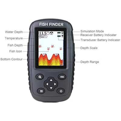 High-resolution fish finder with water depth, temperature, and fish depth detection, ideal for anglers and marine enthusiasts. Features sonar, bottom contour, and depth scale for precise underwater mapping.
