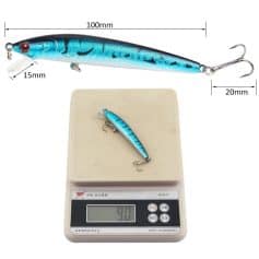 Realistic fishing lure with detailed scale pattern, 100mm length, red eyes, and treble hook for bass and freshwater fishing.
