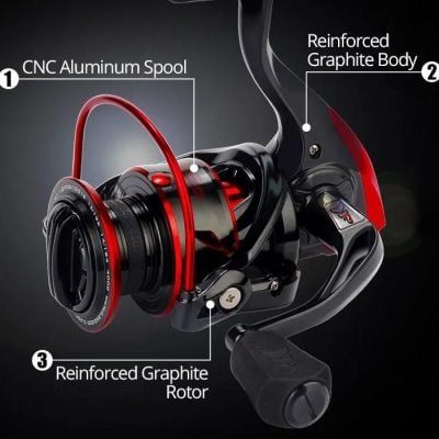 High-quality fishing reel with CNC aluminum spool, reinforced graphite body, and rotor for durable fishing gear. Perfect for anglers seeking reliable, lightweight fishing equipment.