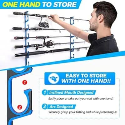 Fishing rod organizer wall mount for easy one-hand storage and access, featuring inclined mouth design for quick rod placement and arc design for secure grip, ideal for anglers.