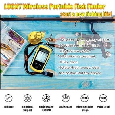 Wireless portable fish finder for night fishing, water depth, weeds, rocks, real-time fish location, sensitivity adjustment, alarm, backlight, and 393 ft operating range.