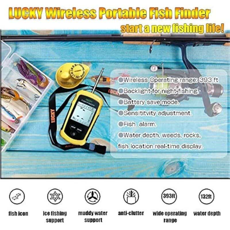 Wireless portable fish finder for night fishing, water depth, weeds, rocks, real-time fish location, sensitivity adjustment, alarm, backlight, and 393 ft operating range.