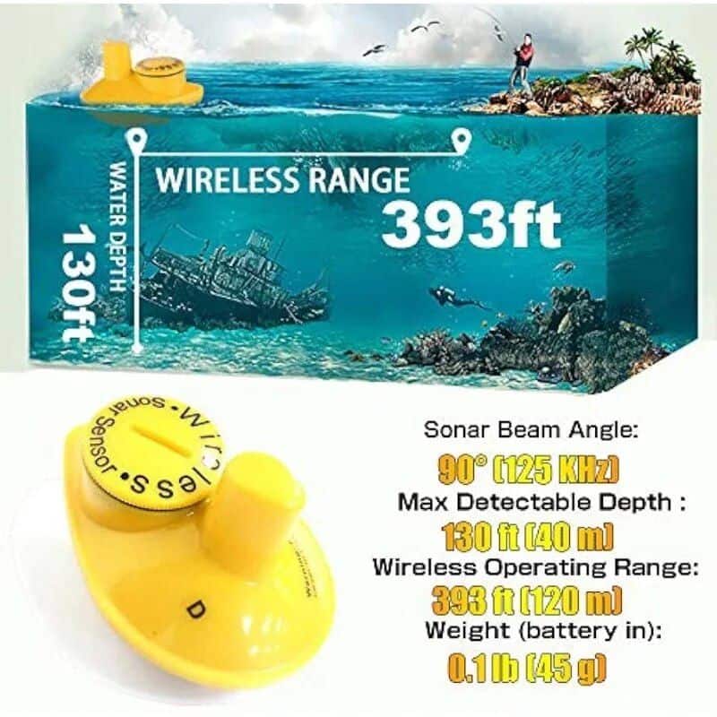 Wireless underwater depth finder with 393 ft range, ideal for marine navigation and fish finding. Features sonar beam angle, max depth 130 ft, lightweight design, and long-distance wireless operation.