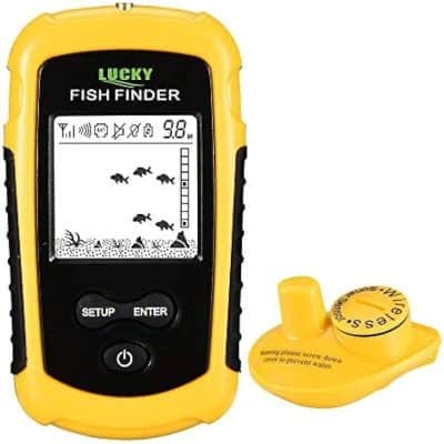 Digital fish finder with LCD screen, handheld design, suitable for freshwater and saltwater fishing, features depth detection and fish location indicator.