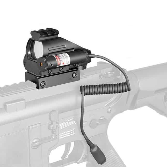 Laser aiming device mounted on rifle, designed for precision targeting and rapid aiming during tactical or shooting sports, improving accuracy in various shooting scenarios.