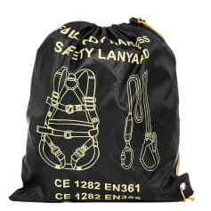 Durable black safety gear bag with harness and cord illustrations, perfect for work or outdoor activities, featuring CE 1282 and EN361 certifications, ideal for secure equipment storage.