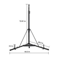 Sturdy adjustable tripod stand suitable for medical, photography, and studio equipment. Features a height range of 72-91 inches, 64.2-inch width, and secure stability with support for various applications.