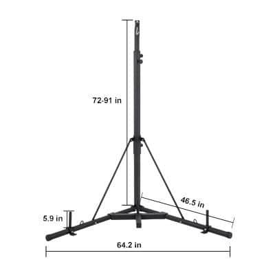 Sturdy adjustable tripod stand suitable for medical, photography, and studio equipment. Features a height range of 72-91 inches, 64.2-inch width, and secure stability with support for various applications.