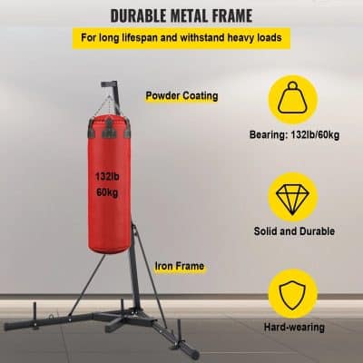 Red heavy-duty punching bag with iron frame, coated with powder for durability, suitable for boxing and martial arts training, supports heavy loads, ideal for fitness enthusiasts.