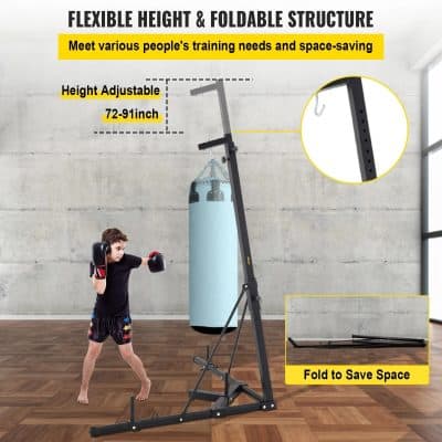 Durable fitness punching bag stand with adjustable height (72-91 inches) designed for boxing and martial arts training, folds compactly for easy storage, perfect for home gyms.
