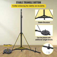 Adjustable black tripod stand with stable triangular bottom, heavy-duty weight plate, and dowel pins for enhanced stability and durability.