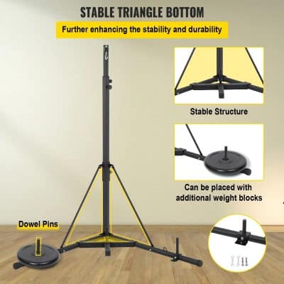 Adjustable black tripod stand with stable triangular bottom, heavy-duty weight plate, and dowel pins for enhanced stability and durability.