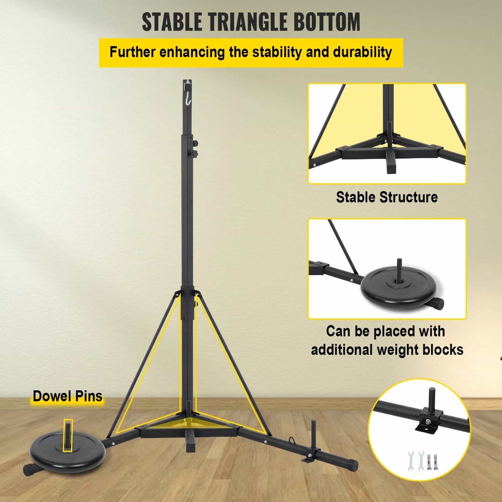 Adjustable black tripod stand with stable triangular bottom, heavy-duty weight plate, and dowel pins for enhanced stability and durability.
