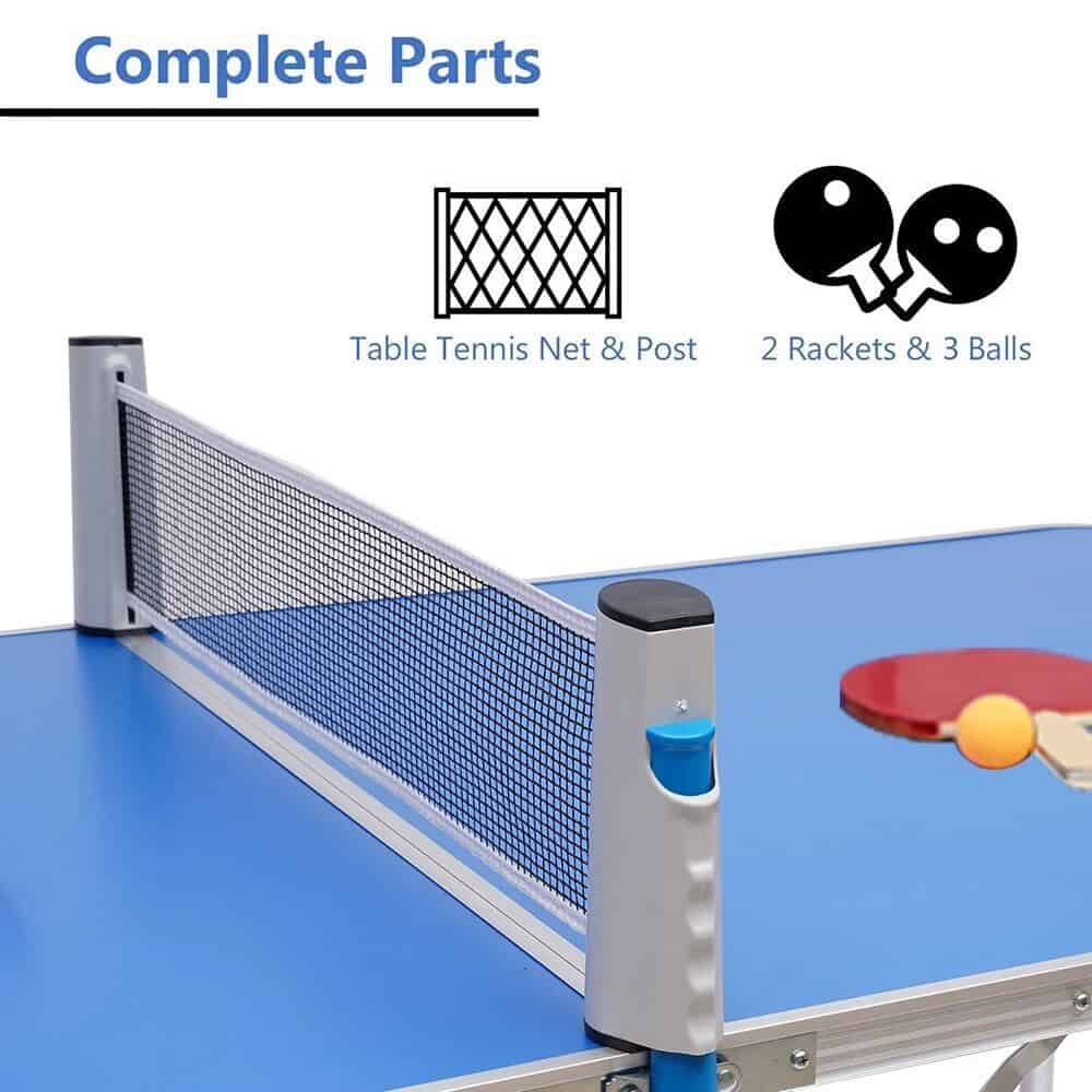 High-quality table tennis net, post, 2 rackets, and 3 balls for indoor and outdoor ping pong games. Durable and easy to assemble, perfect for family fun and competitive play.