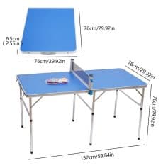 High-quality blue foldable table tennis with adjustable net, durable metal frame, perfect for indoor and outdoor use, compact design, easy setup for recreational or competitive play.