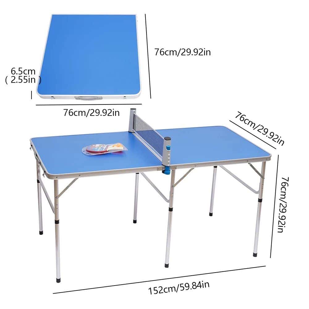 High-quality blue foldable table tennis with adjustable net, durable metal frame, perfect for indoor and outdoor use, compact design, easy setup for recreational or competitive play.