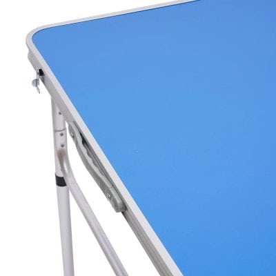 Medical examination table featuring a durable blue surface, adjustable height, and sturdy metal frame for clinics, hospitals, and veterinary use.