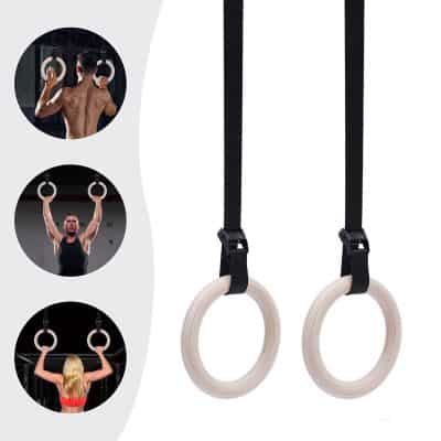 High-quality wooden gymnastic rings with adjustable straps for strength training, gymnastics, and calisthenics workouts.