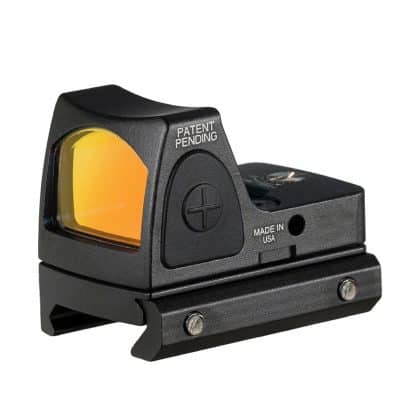 Compact tactical red dot sight for firearms and optics, featuring an orange-tinted lens, easy adjustment buttons, and durable build for enhanced accuracy in shooting sports and hunting.