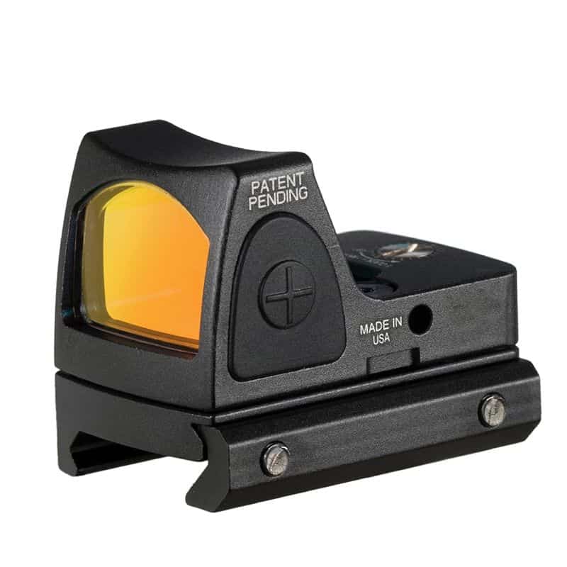 Compact tactical red dot sight for firearms and optics, featuring an orange-tinted lens, easy adjustment buttons, and durable build for enhanced accuracy in shooting sports and hunting.