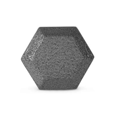 Hexagonal black dumbbell weight for strength training, fitness, and muscle building. Made with durable textured material, perfect for gym and home workouts. Compact and stylish for effective training.