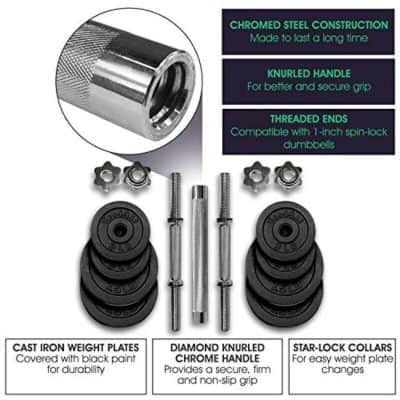 High-quality chromed steel construction for durability and long-lasting use, with knurled handles for secure grip, threaded ends compatible with spin-lock dumbbell collars, perfect for home and gym workouts.