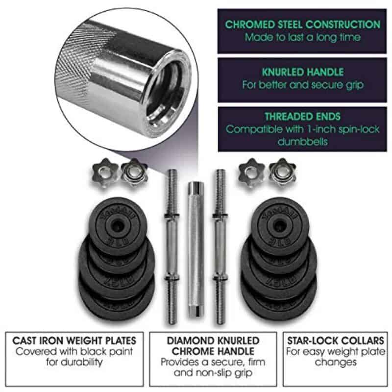 High-quality chromed steel construction for durability and long-lasting use, with knurled handles for secure grip, threaded ends compatible with spin-lock dumbbell collars, perfect for home and gym workouts.