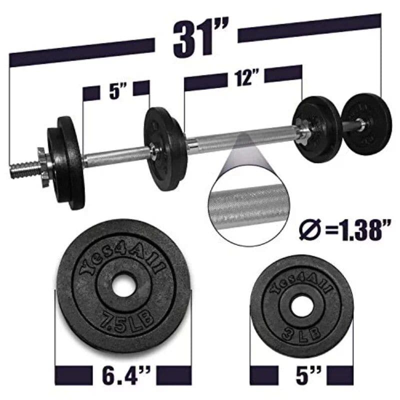 Versatile 31-inch dumbbell bar with 1.38-inch diameter sleeves, ideal for home or gym weightlifting and strength training. Includes weight plates for equipment upgrades.