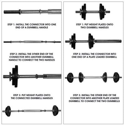 Dumbbell assembly process with step-by-step images showing how to connect handles, attach weight plates, and secure the weights for strength training. Perfect for gym equipment setup.